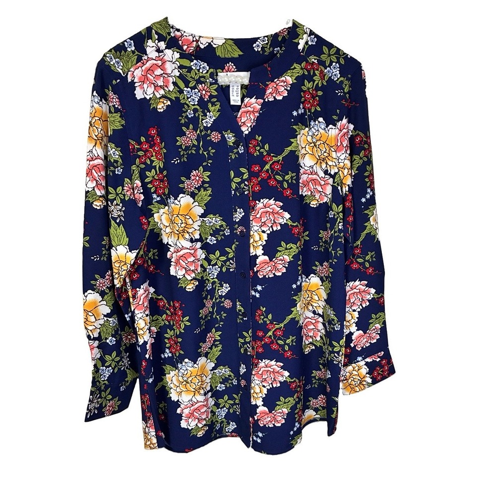 Denim & Co. Blouse Womens SP Blue Excellent Floral Button Down Long Slv
